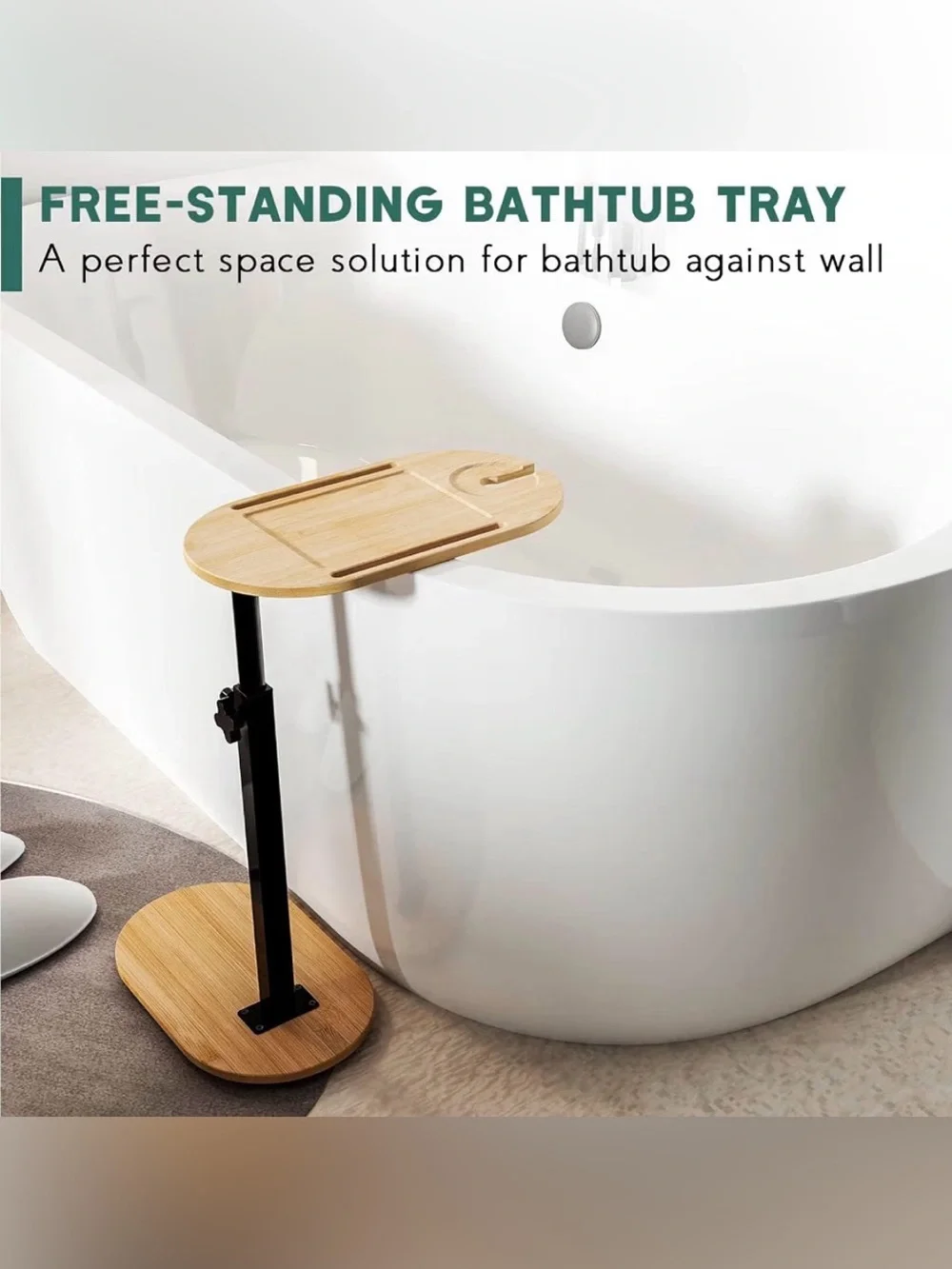 Adjustable Bamboo Bathtub Tray Table with Black Stand - Bamboo